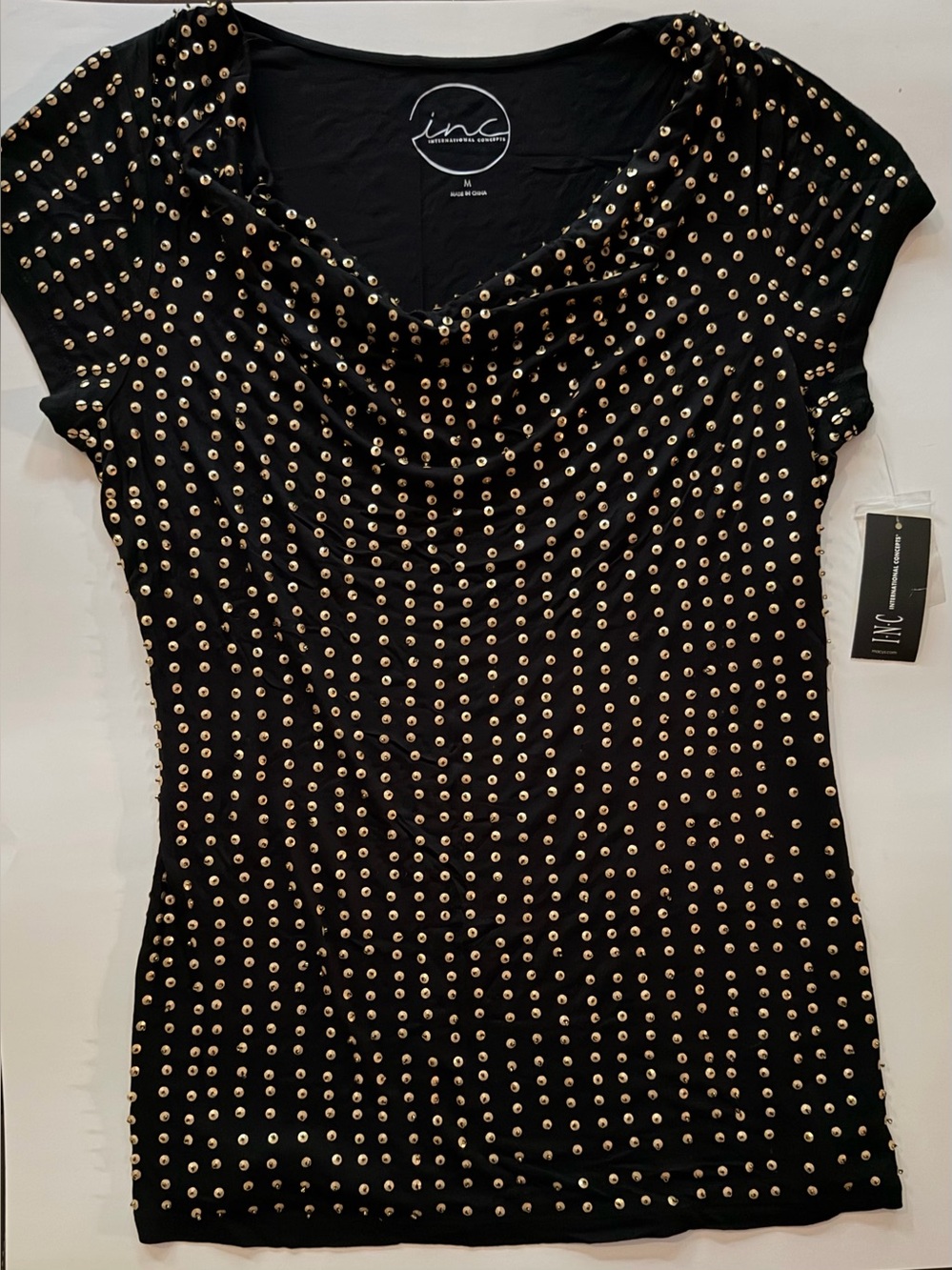 INC International Concepts Black Short Sleeve Studded Top